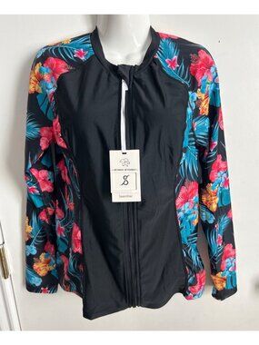 Women Jasambac Black Floral Long Sleeve Zip-Up Swim Top Size S